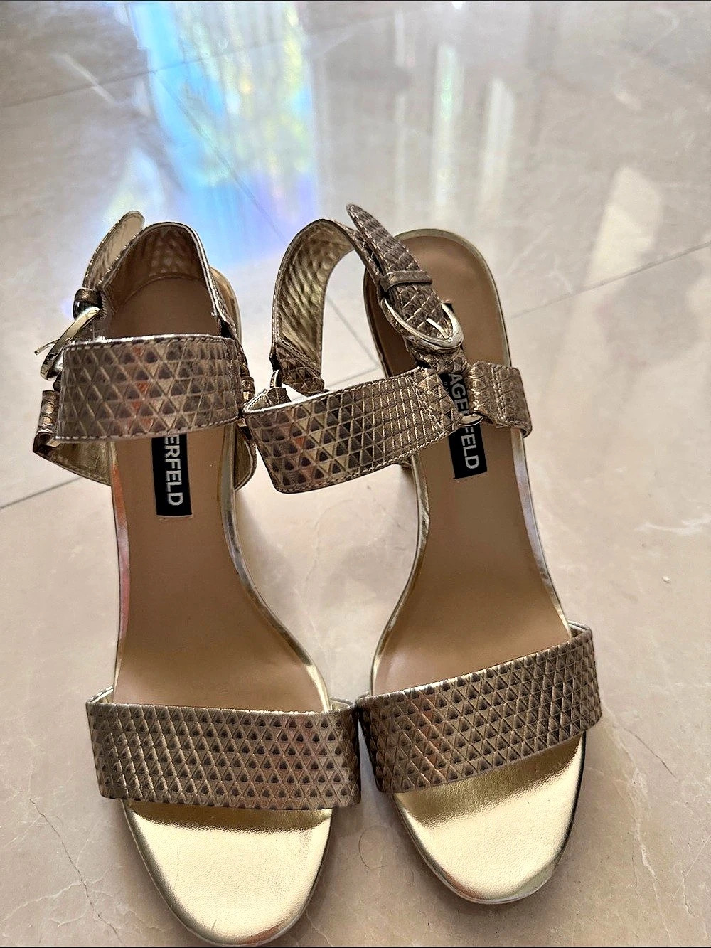 KARL LAGERFELD Textured Heeled Sandals in Brown